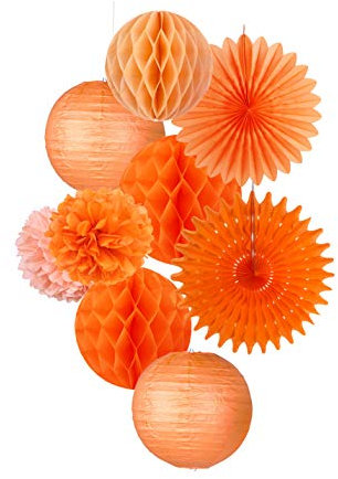 9er Set Papier Laternen Orange Pom Poms Paper Rosetten Apricot Geburtstag Party Deko (Orange)