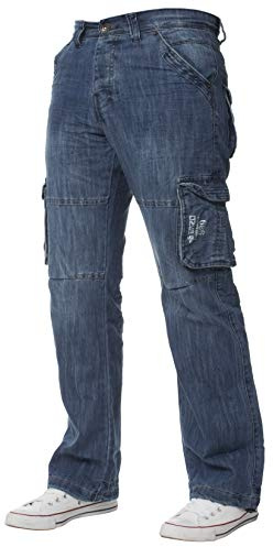 ENZO Mens Designer Cargo Combat Jeans Denim Pants All Waist Sizes (32W x 30L, Mid Stonewash)