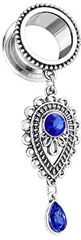 Piercingfaktor Flesh Tunnel Ohr Piercing Plug Edelstahl mit Tropfen Stein Tribal Vintage Charm Anhänger Schraub Silber Saphir Blau 8mm