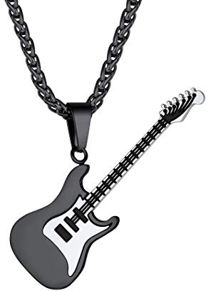Suplight Collier avec Pendentif en Acier Inoxydable Pendentif Guitare Musique Rock Punk Band avec Chaîne Longeur de 55cm+5cm Noir Cadeau pour Homme Femme Festival de Musique