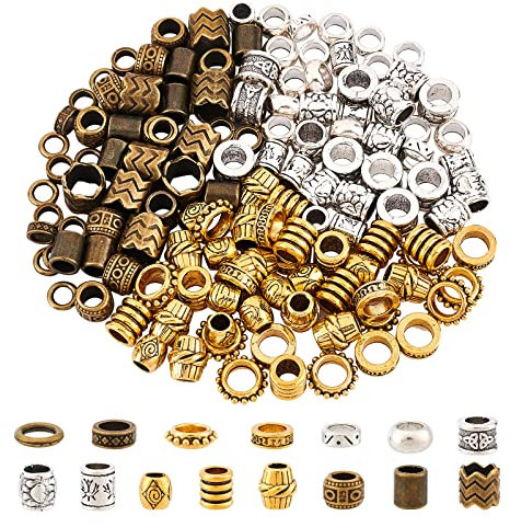 NBEADS Dreadlock- und Bartperlen, afrikanischer und tibetischer Stil, Legierung, große Haarperlen für Männer und Frauen, Haarzöpfe und Dekoration, Silber/Gold/Bronze, Loch 5–9 mm, 150 Stück