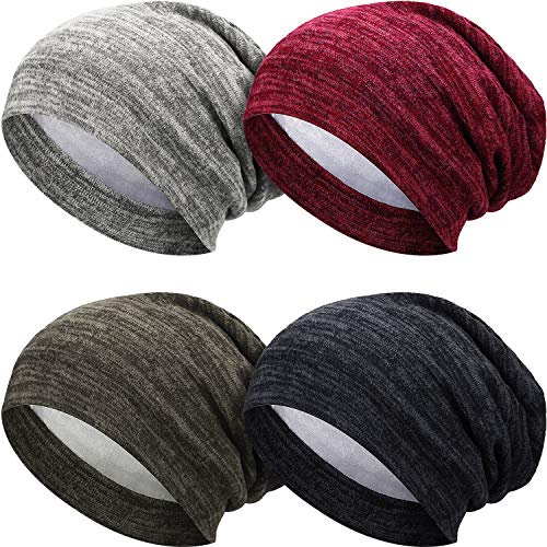 SATINIOR 4 Pcs Satin Lined Sleep Cap, Black, Army Green, Wine Red, Gray
