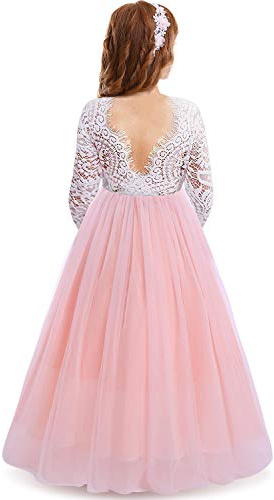 Fille Robe Manches Longues Fleur Dentelle Dos Nu Tulle Mariage Demoiselle D'honneur Première Communion Baptême Anniversaire Fête De Noël Soirée Formelle Princesse Maxi Robe De Bal Rose 11-12 Ans