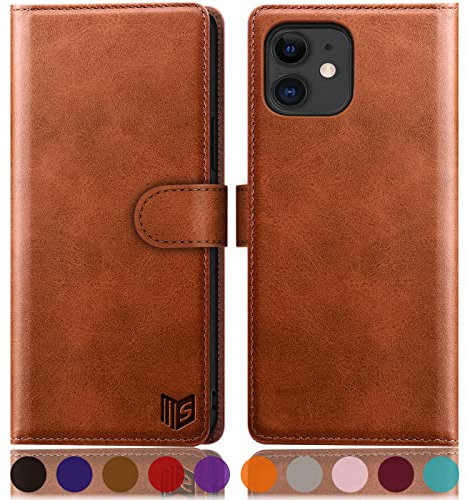 SUANPOT [RFID Schutz für iPhone 11 6,1-Zoll Hülle PU Leder Handyhülle Lederhülle Klapphülle Kartenfach Flip Cover für Apple 11 Handy hülle Leather Wallet Phone Case Hellbraun