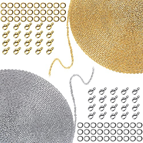 lyfLux 2 Pieces of 33 Feet 2 mm Wide DIY Link Chain Necklaces with 40 Lobster Clasps and 60 Jump Rings for Jewelry Making (Gold and Silver)