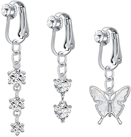 Crdifu Damen Fake Bauchnabelpiercing Ohne Loch 316L Edelstahl Clip On Bauch Piercing Silber Schmetterling Herz Zirkonia 3 Stück