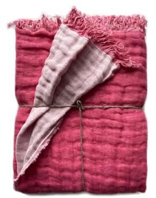 JOWOLLINA Doubleface Plaid Bettüberwurf Leinen Stonewashed (Himmbeer-rosa, 135 x 190 cm)