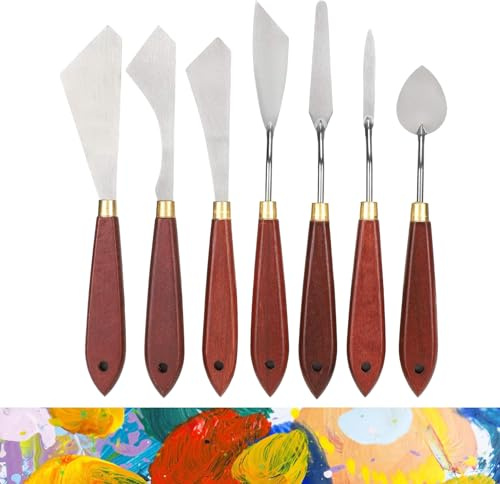 Fyearfly Edelstahl Palettenmesser, 7 Stück Malerei Messer Set Malerei Mischen Schaber, Malerei Kunst Spatel mit Holz Griff, Malerei Messer Werkzeuge für Aquarell, Ölgemälde, Gouache, Acrylmalerei