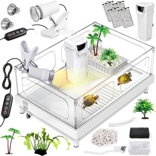 MoonOrange Small Turtle Tank Kit(Tank+Light+Filter), Acrylic Turtle Tank Starter Kit with Bask Platform, Bottom Drain, Multi-Function Area for Small Reptiles.(White)