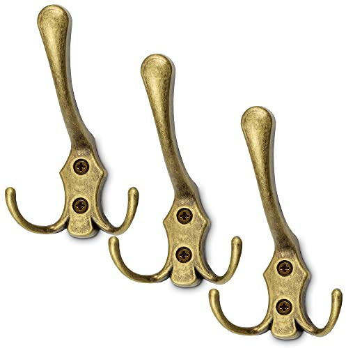 Mavö Kleiderhaken Gold zum Schrauben Metall Altgold 3er Set - Elton.L | Wandhaken für Flur, Bad & Schlafzimmer - Mehrfachhaken für Jacken, Handtücher & Taschen