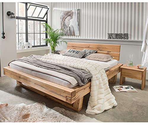 Lomadox Massivholz Doppelbett mit 2 Nachttischen, 200x200 cm, Eiche massiv, Holzkopfteil, Massivholzkufen, B/H/T ca. 318/88/228 cm