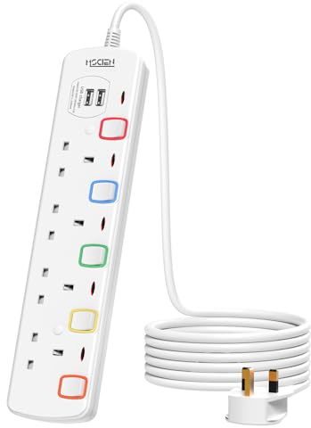 4M 4 Way Extension lead with USB Slots, Mscien Extension Lead with Individual Switches, White Wall Mountable Plug Extension Cord