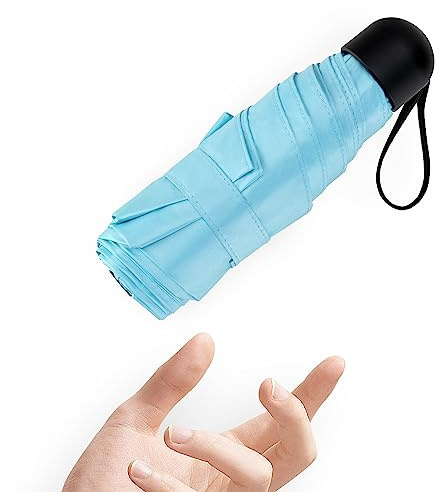 Mini Klein Regenschirm Taschenschirm Mit 6 Rippen, 260T Stoff & Aluminium Schirmständer, Regenschirm kompakt Faltbar Leicht Im Freien UV Schutz Regenschirme für Damen und Kinder Reise Blau Umbrella