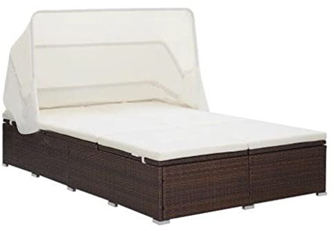 KOIECETA Sonnenliege 2-Personen mit Auflage Klappdach Gartenliege Doppelliege Relaxliege Gartenmöbel Liege Strandliege Poly Rattan Braun