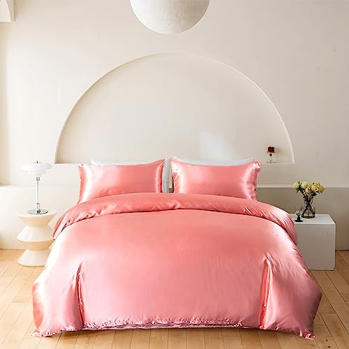Wotcsil Ensemble de Housse de Couette Satin de Soie 140x200 Rose Literie Satin Parure de Lit Unie Ensembles de Literie Linge de Lit en Satin Literie de Luxe Unie Polyester Satiné Brillant