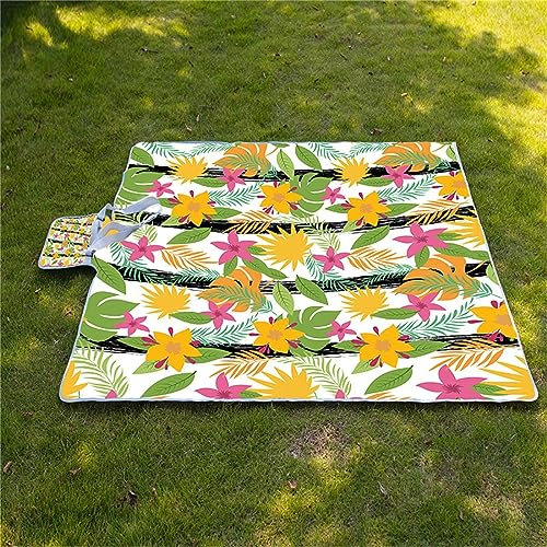 Picknickdecke 200x300cm,XXL Picknickdecke mit Wasserdichter Unterseite,Outdoor Stranddecke Sandfrei,mit Tragegriff Faltbare Picnic Blanket für Camping,Strand,Familie,Konzerte Gestreifte Blätter Blumen