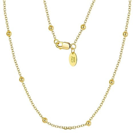 Mesnt Necklace Chain for Women, 925 Sterling Silver Ball Chain Necklace for Women Gold, Length 55cm