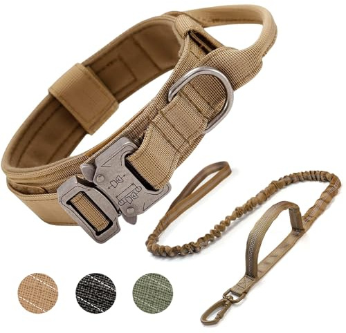 Ledeak taktiskt hundhalsband – vadderad andningsbar mjuk nylon med tungt metallspänne, justerbar militär stil med handtag för medelstora stora hundar (brun, M, inkluderar koppel)