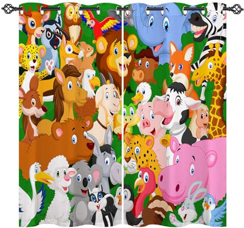 ANHOPE Cartoon Zoo Safari Tier Vorhänge mit Ösen Blickdichte Gardinen Blackout Curtain Thermo Vorhang Kinder Jungen Mädchen Schlafzimmer Wohnzimmer Verdunklungsvorhänge 2er Set H 138 x B 132 cm