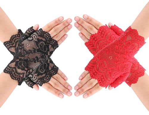 Yolev 2 Paar Spitzenhandschuhe Schwarz Rot Kurze für Damen Fingerlose Handschuhe Damen Braut Hochzeit Abschlussball Teeparty Brauthandschuhe Halloween Weihnachten 1920er Jahre Hochzeitszubehör