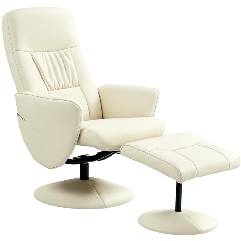 HOMCOM Swivel Recliner Chair with Footstool, PU Leather Armchair and Ottoman with High Back and Round Base for Living Room, Cream White