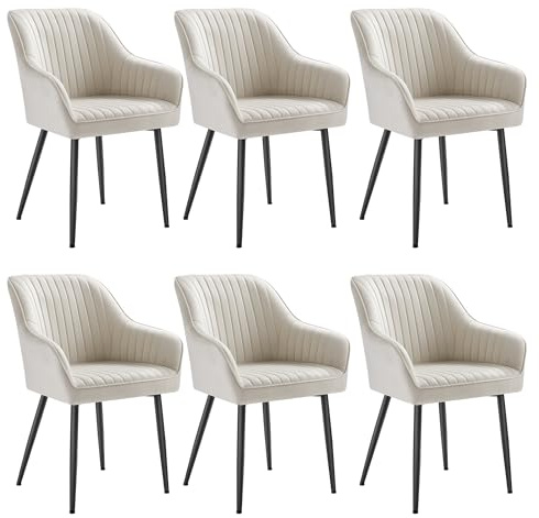 SONGMICS Esszimmerstuhl 6er Set, Polsterstuhl mit Armlehnen, Samt | Küchenstuhl, Loungesessel, bis 120 kg belastbar, Metallbeine, für Esszimmer, Küche, cappuccinobeige