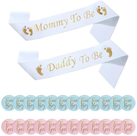 Lot de 24 badges révélés du sexe et 2 écharpes de fête prénatale, décoration Team Boy et Team Girl, bouton rond pour fête prénatale, accessoires de décoration (bleu et rose), 4.5 cm, Plastique