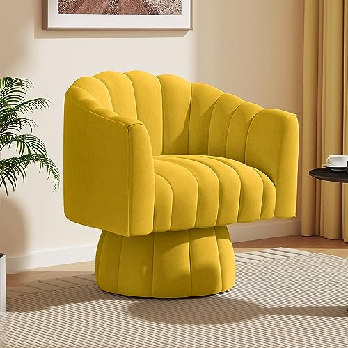 SEYNAR Drehsessel Wohnzimmer Mid Century 360° drehbarer Kuscheltonnen-Akzentsofasessel, runde Sessel mit breit gepolstertem, flauschigem Samtstoffstuhl für Schlafzimmer, Büro(Gelb)