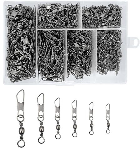 QMLING 300 Stück Wirbel Angeln Set, Angelwirbel mit Kugellagerwirbel, Angeln Wirbelkarabiner mit Sortierbox, Angelzubehör 6 Größen 5# 7# 8# 10# 12# 14#