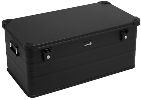 Alubox Alukiste abschließbar E141-BLACK - Premium Aluminium Lagerbox 141 Liter - Deckel mit Aluminium Druckguss Stapelecken und Gummidichtung - inklusive Schlösser - komplett schwarz
