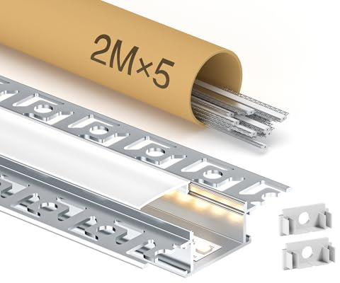 GEEKLUX 5 x LED Aluminium Profil 2 m (10 m) – Led Trockenbauprofil für Deckenleisten und Einbau, led Schiene mit led diffusor, geeignet für Streifen bis 20 mm Breite - 64,2 x 13,8 mm