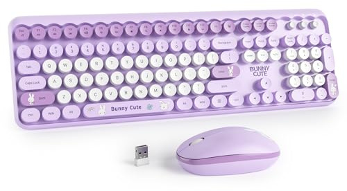 SbocKeeb Tastiera Colorata e Mouse Wireless, Cute Tastiera Wireless con Tastierino Numerico, Retro Macchina Da Scrivere Full-sizewith Tasti Rotondi, 2.4 GHz, Americana QWERTY (Bunny Purple)