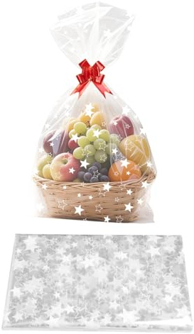 Lot de 10 grands sacs cadeaux en cellophane avec motif étoiles, 70 x 50 cm, avec nœuds, refermables, pour paniers cadeaux, paniers d'anniversaire, de Noël ou de fruits