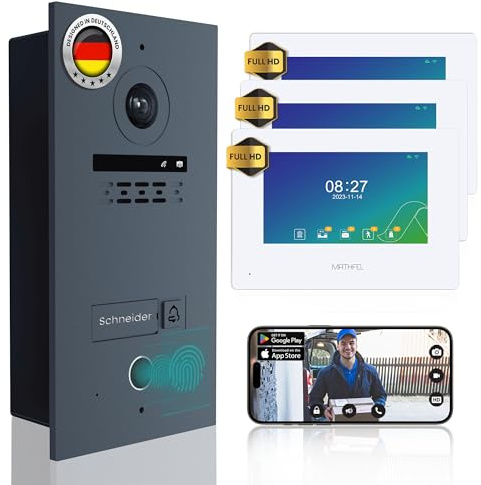 Mathfel 2 Draht Video Fingerprint Türsprechanlage 1-Familienhaus Full HD 1080p mit 2 Jahren Garantie wetterfest - 2-Draht-Bus-Installation - 170° Kamera, 3X 7-Zoll WLAN-Monitor mit Gegensprechanlage
