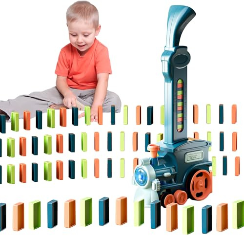 KBIBCK Domino Zug Spielzeug Set, Domino Zug Set mit 100 Stück Domino Bausteine, Automatischer Domino Zug mit Licht und Ton, Dominoes Automatic Pädagogisches Spielzeug für Mädchen Jungen ab 3 Jahren(A)