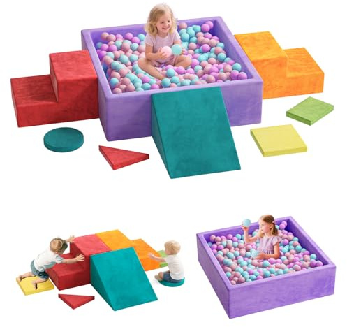 8-Piece Foam Climbing Blocks with Ball Pit for Toddlers 1-3, Soft Play Toddler Climbing Toys Indoor, Indoor Foam Blocks for Toddlers 1-3 Inside with Square Ball Pit, Steps, Triangle Ramp, Shape Mats B