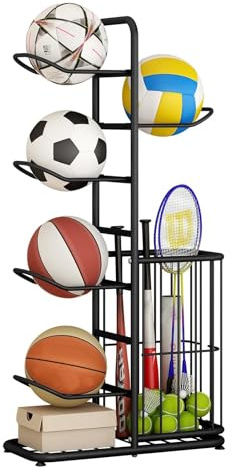 Estante de almacenamiento de pelotas, estante de fútbol de 5 niveles, exhibidor vertical de pelotas, almacenamiento de baloncesto independiente con canasta, adecuado para voleibol, baloncesto, fútbol