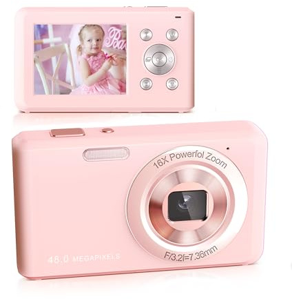 Appareil Photo Numérique, HD 1080P avec Carte Mémoire 32 Go, Appareil Photo 48 Mégapixels, écran LCD 2,4 Pouces, Zoom Numérique 16x pour Les Enfants, Les Filles, Les Adolescents(Rose)
