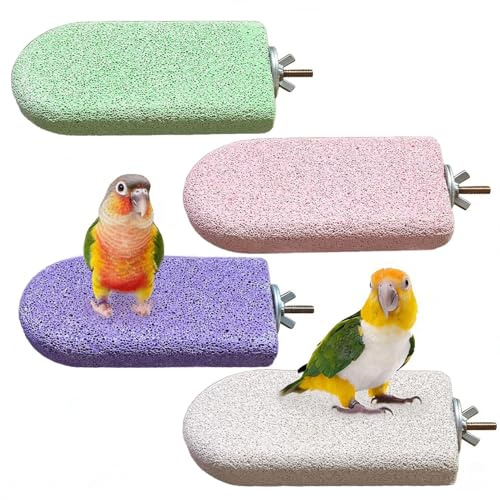Gxsdj 4 PCS Bird Beak Grinding Stone,Bird Perch Stands,Parrot Calcium Perch Platform,Parakeet Pumice Lava Beak Grinding Block Claws Trimmer Climbing Chewing Toys for Budgie Cockatiel Conure Lovebird