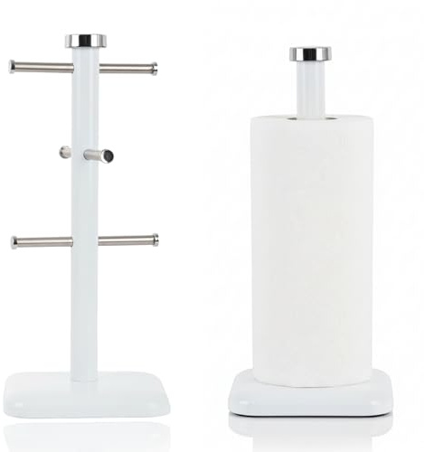 UNIQUE CRAFTS Kitchenwares Stainless Steel 6 Cups Mug Tree Kitchen Storage Rack and Paper Towel Holder | Stainless Steel White Colour Coated |34cm Sturdy Anti-Slip Countertop Organizer (White)