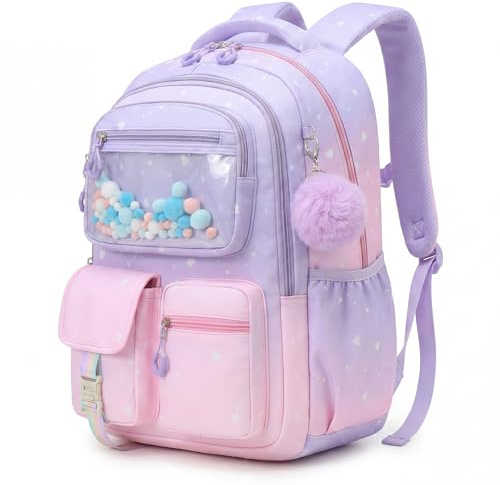 Amythe Mochila Escolar Niña 1°-5° Primaria Reflectante | Mochila Ergonómica Correa Pecho Niña Adolescente Casual Colgante Lindo 20L Rosa Morado