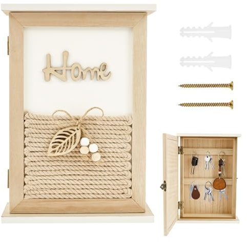Sesaver Key Cabinet Wall Mounted, Wooden Key Storage Box with 6 Hooks Decorative Keys Holder With Lock, Combining Texture and Aesthetics Indoor Family Keys Box for Home Office Entryway 20x7x28 cm