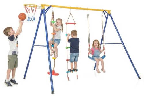 COSTWAY Set Altalena per Bambini, Set Altalena 4 in 1 (Blu) | con Canestro Basket, Altalena Regolabile, Scala e Disco con Corda, Giochi da Interno ed Esterno, Portata 300 kg