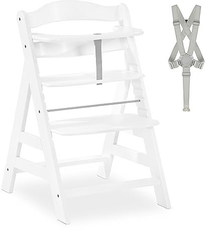 hauck Alpha+, White - Mitwachsender Holzhochstuhl aus Buche für Kinder ab 6 Monaten bis 90 kg - Inklusive 5 Punkt Gurt, Schrittgurt, Schutzbügel - Kompatibel mit viel Zubehör