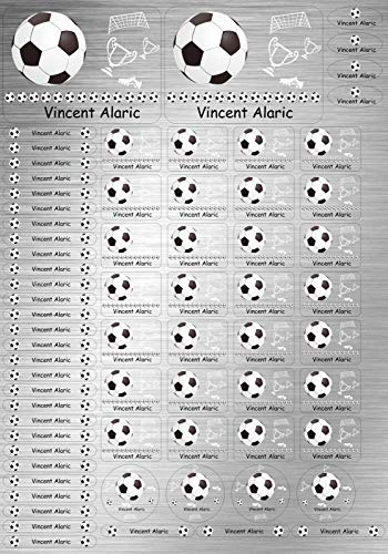 INDIGOS UG Namensaufkleber Kinder Schule - Edelstahllook - 69 Sticker personalisiert - 012 - Fußball - Namensschilder für KITA, Stifte, Lineale, Federmappen - Etiketten selbstklebend - A4 Bogen
