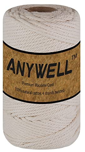 ANYWELL Makramee Garn 4mm x 218yards, 3mm, 4mm, 5mm, 6mm Baumwollgarn Naturliches Baumwollkordel Baumwolle Garn Basteln für DIY Handwerk Basteln Wand Aufhängung Pflanze Aufhänger Beige & Colored