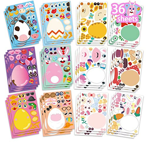 36 Sheets Easter Egg Stickers for Kids,Easter Basket Stuffers,Make a Face Sticker Egg Themed,Make Your Own Sticker,Easter Decorations Gift Kids Party Favor Supplies Crafts