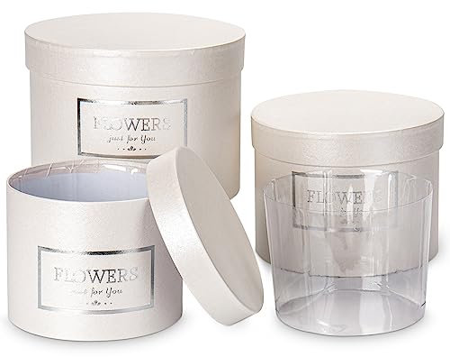 3er Set Runde Geschenkbox Blumenbox mit Folie Aufbewahrungsbox mit Deckel Pappschachteln Karton Geschenkkarton Schmuckschachtel Verpackung für Blumen, Weiß Ø15/17/20cm