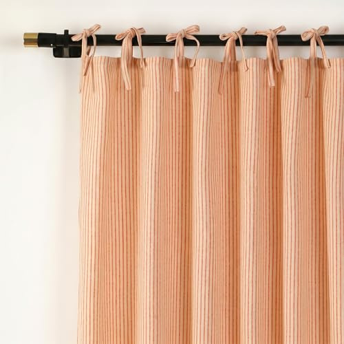 THE ART BOX Gauze Striped Curtains, Boho Linen Gauze Tie Top Hanging Curtains Light Filtering Door Window Treatment 2 Panel Drapes for Living Room Home Décor Orange on Beige (84x42 Each Panel)