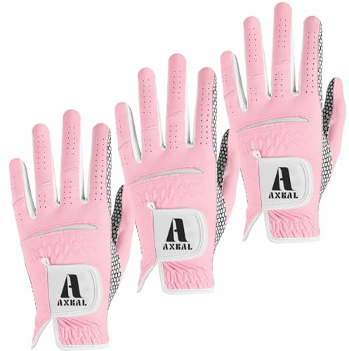 AXKAL Dam golfhandskar vänster hand kvinnor damer alla väder vädergrepp modetryck färg värde 3-pack, golfhandske mjuk andningsbar prestanda (rosa, vänster, S)